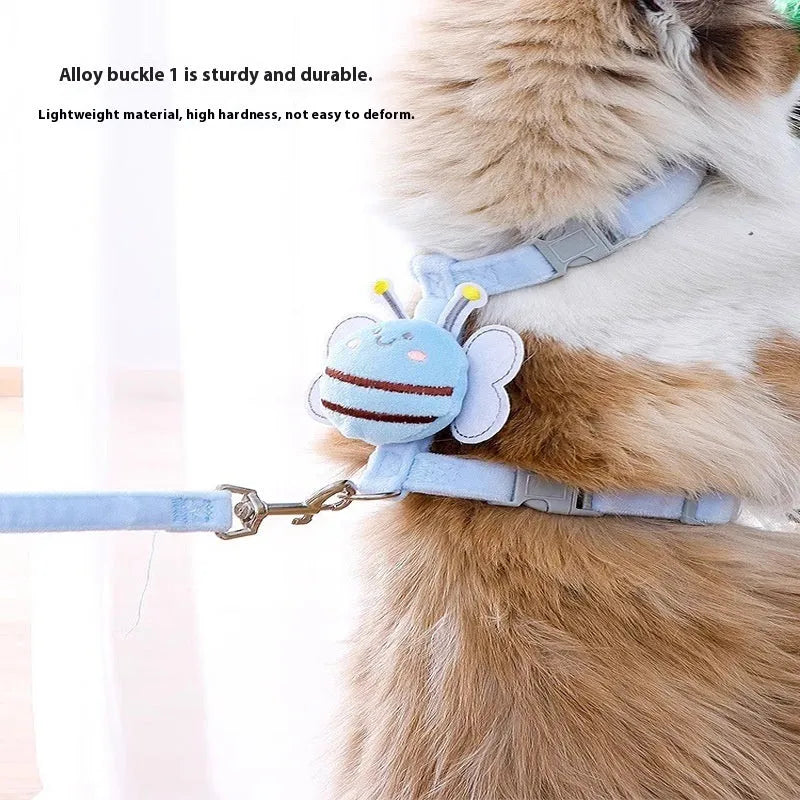 Bee-shaped backpack cat harness set with adjustable straps and lead in blue colour