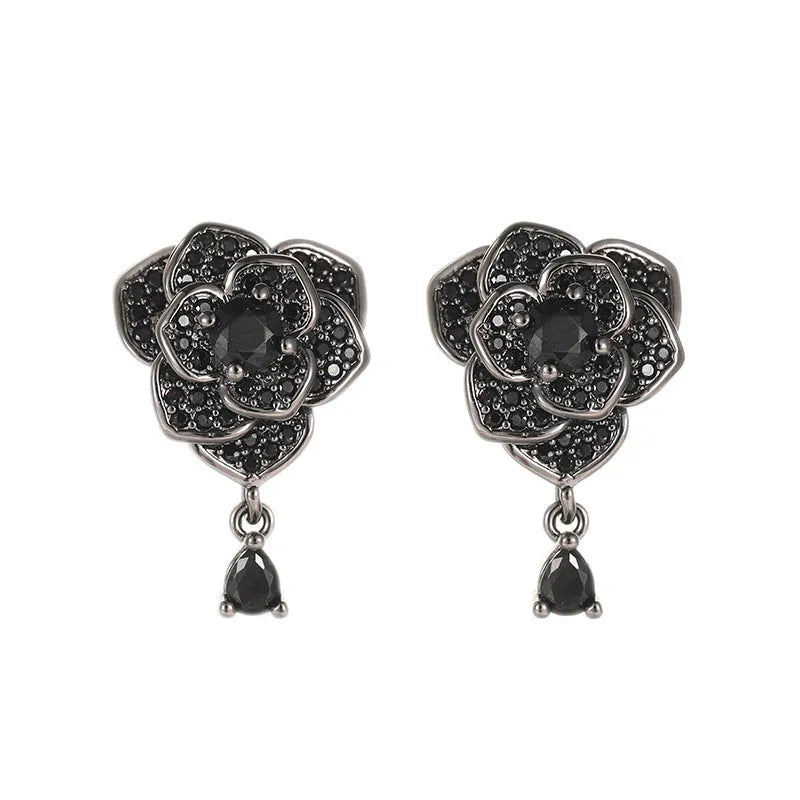 Black rose zircon flower ear studs with gold electroplating for pierced ears