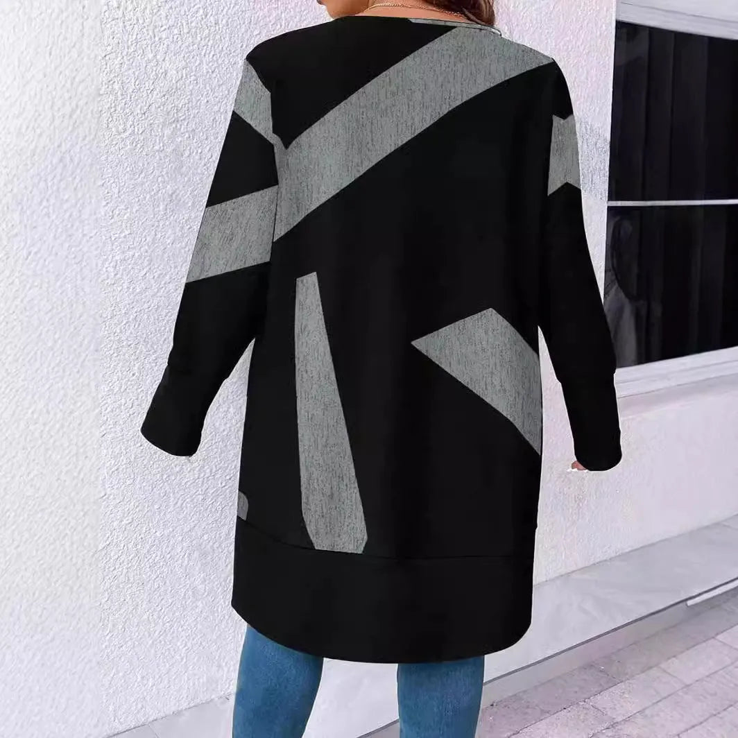 Black plus size casual coat with Japanese Korean styling and button stitching details