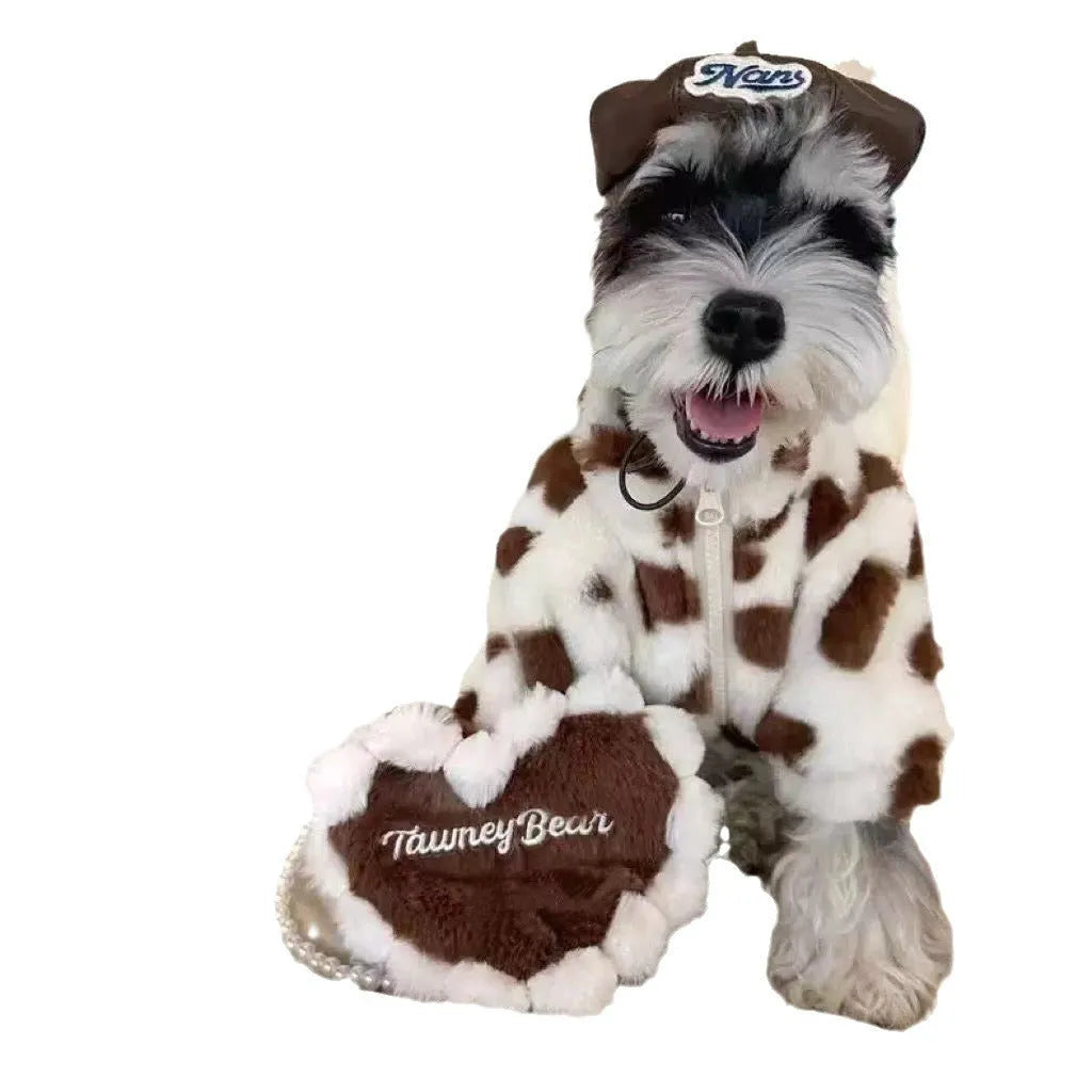 Small dog wearing plush polyester warm coat in pink colour, suitable for Teddy, Bichon and Pomeranian breeds