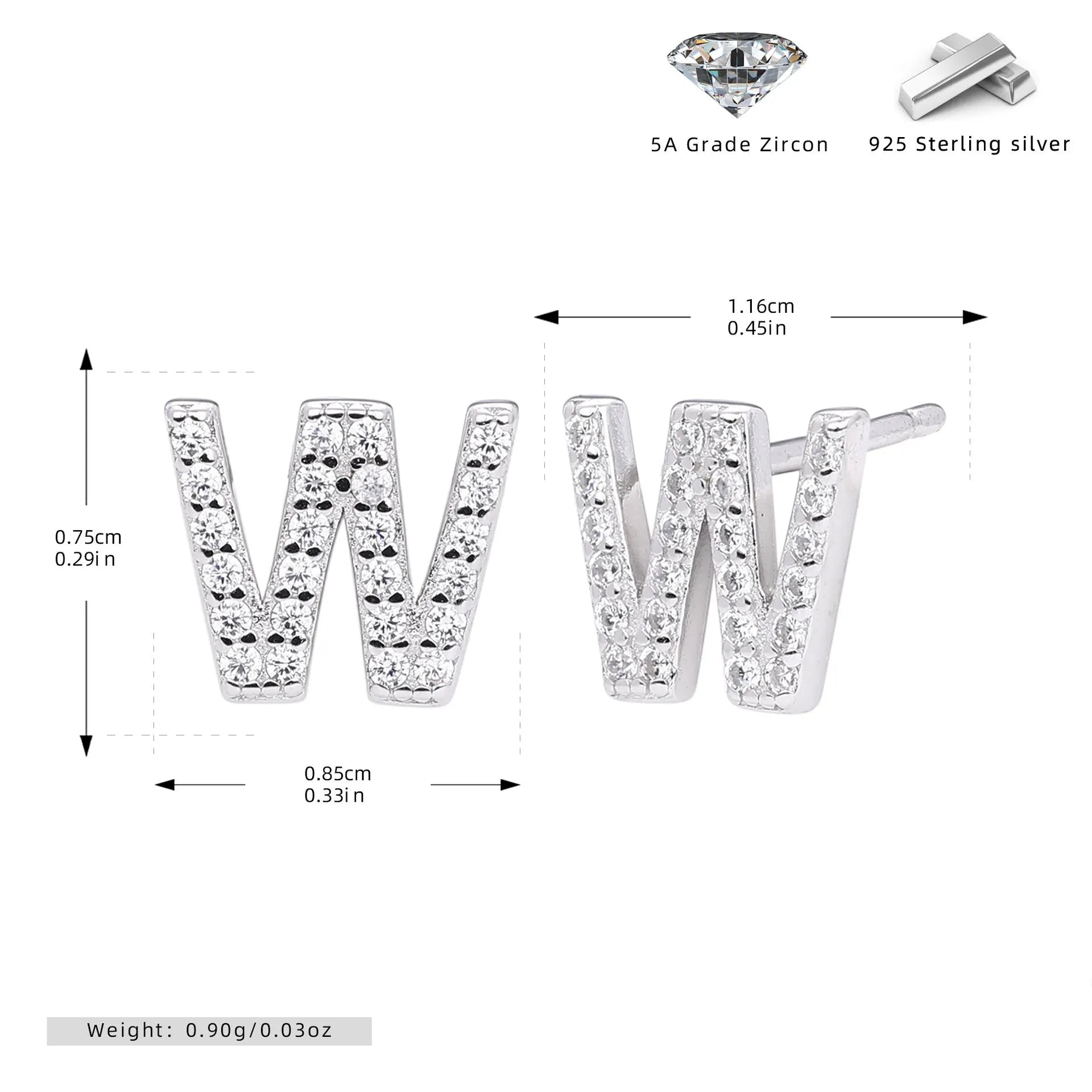 925 silver letter ear stud with electroplated gold finish, alphabet motif
