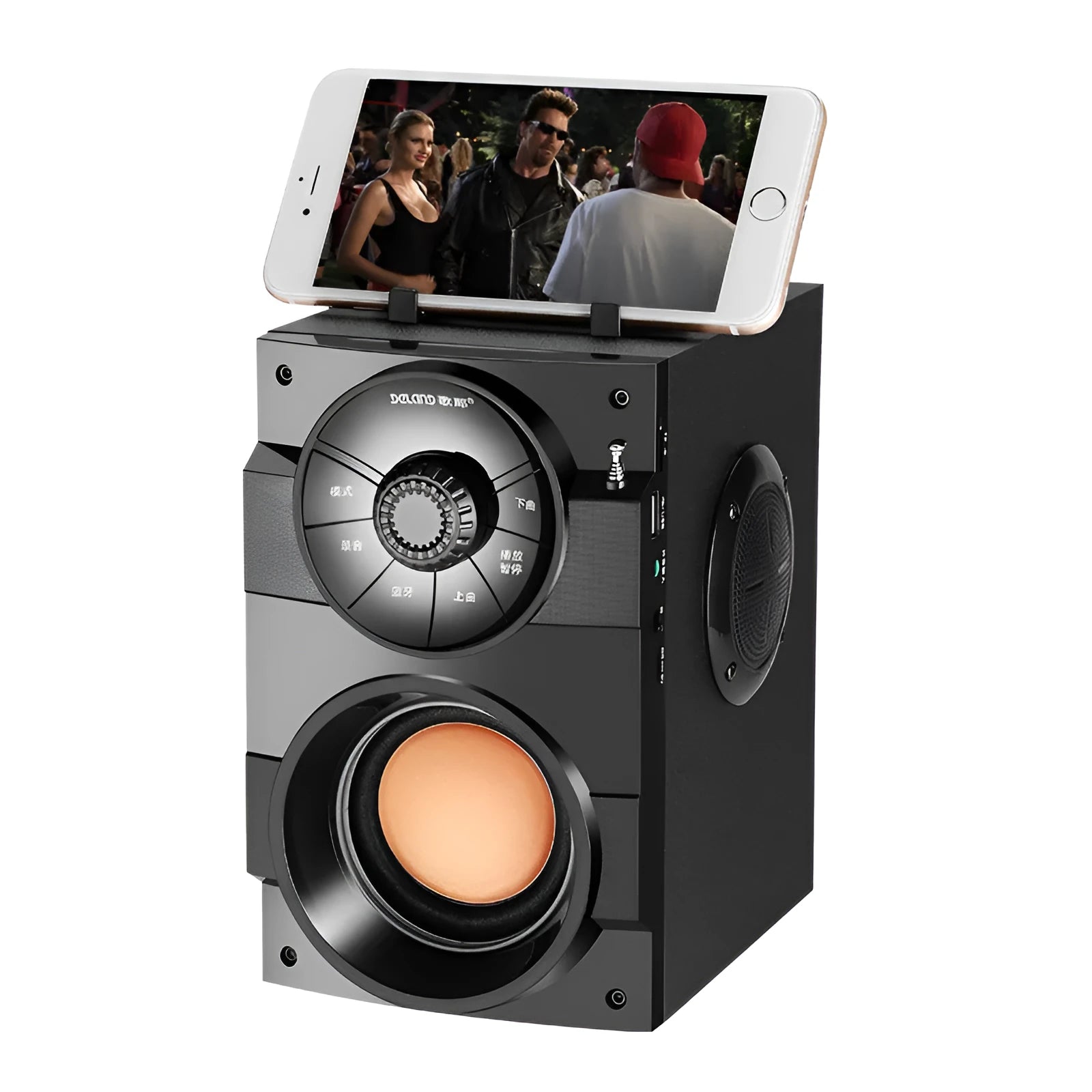 Black portable mini home audio system with subwoofer, satellite speakers, and USB charging cable