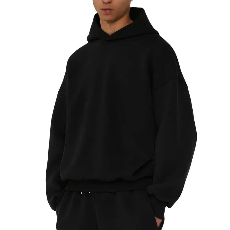 Men's grey fleece-lined cotton hoodie pullover with threaded long sleeves.