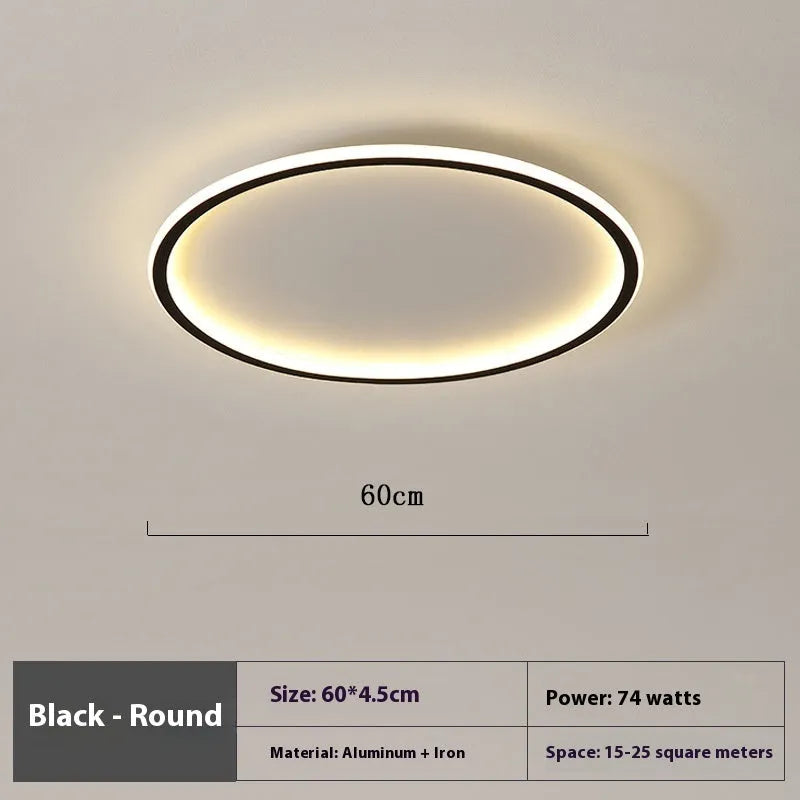 Minimalist black LED ceiling lamp with stepless dimming on white ceiling