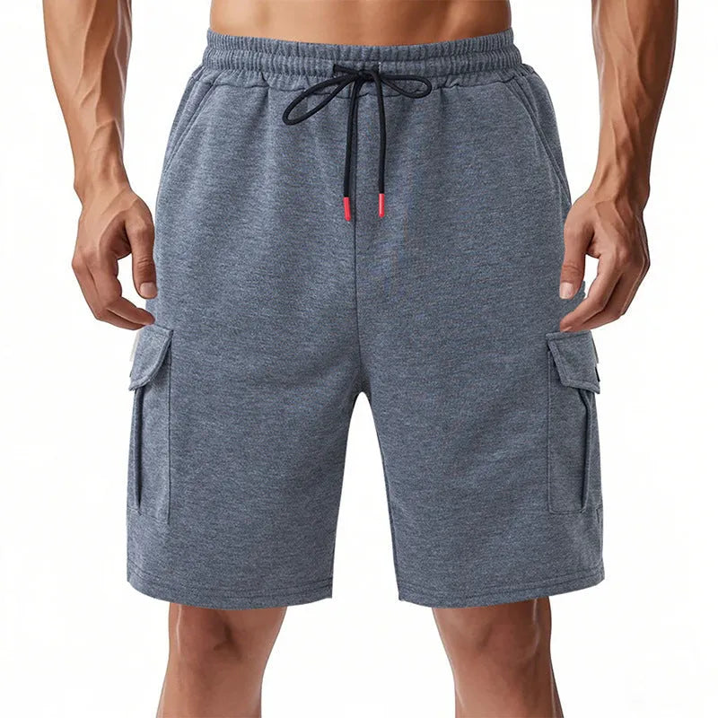 Men's heavy terry cloth cargo shorts with multiple pockets in loose fit for summer sports wear
