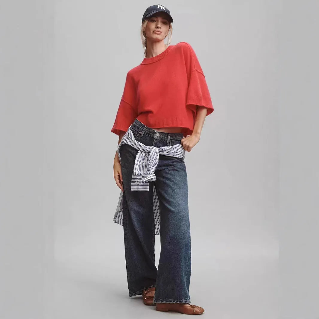 Red viscose fibre Hot Girl style t-shirt with exposed navel design on a mannequin