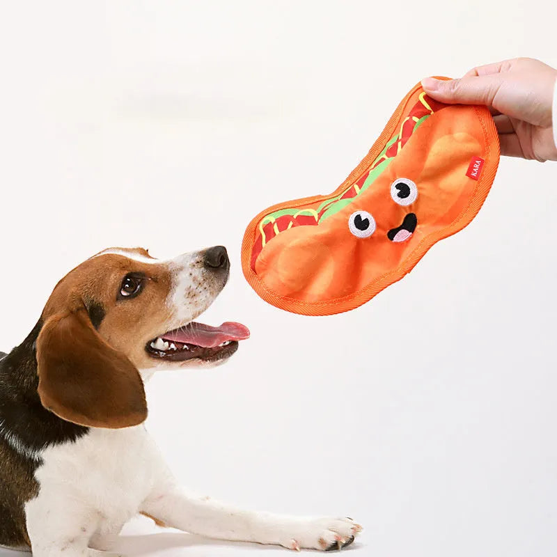 Dual sound crinkle dog chew toy in food shape design with vivid colours for interactive play