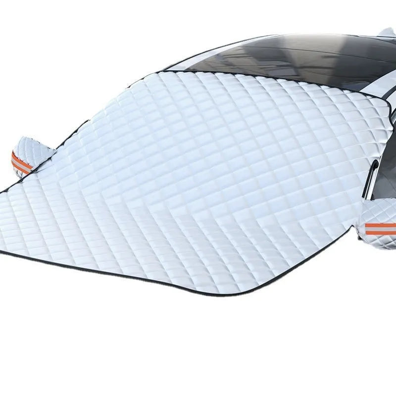 Large luxury SUV front windshield winter cover made of aluminium foil with edge reflective stripes.