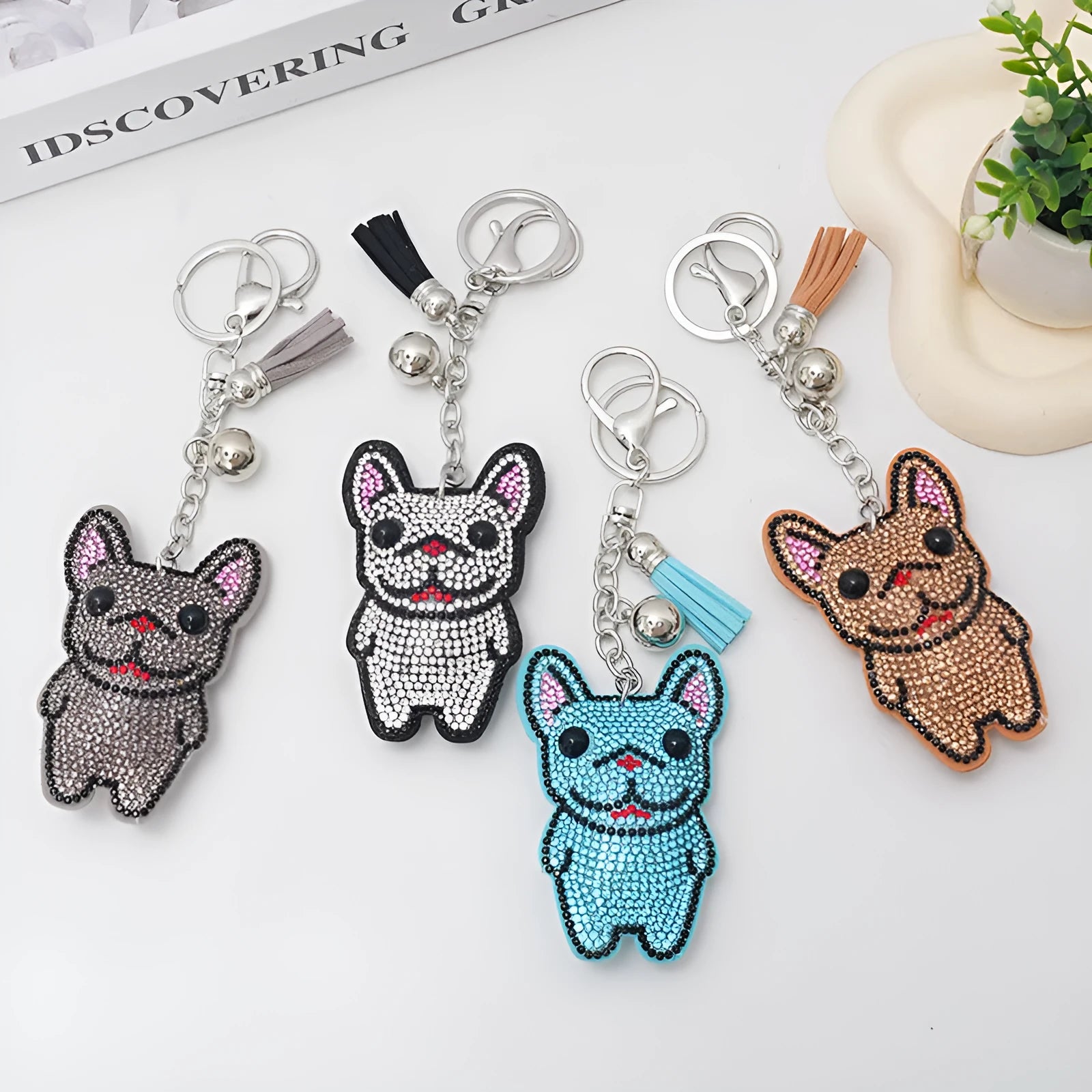 French dog rhinestone keychain pendant with cartoon animal design in alloy construction