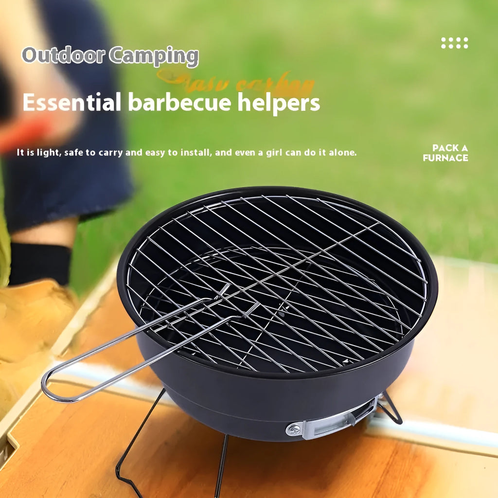 Small folding round ice stove with grill accessories for outdoor cooking