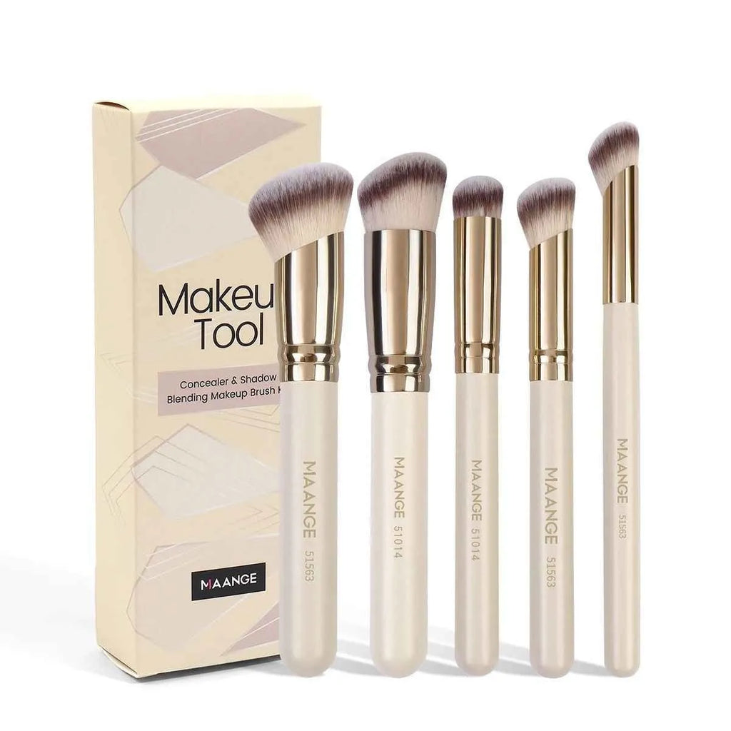 Five angled apricot-coloured makeup brushes for powder blush and foundation application