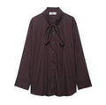 Brown women's poplin shirt with built-in bow tie scarf in loose cardigan style