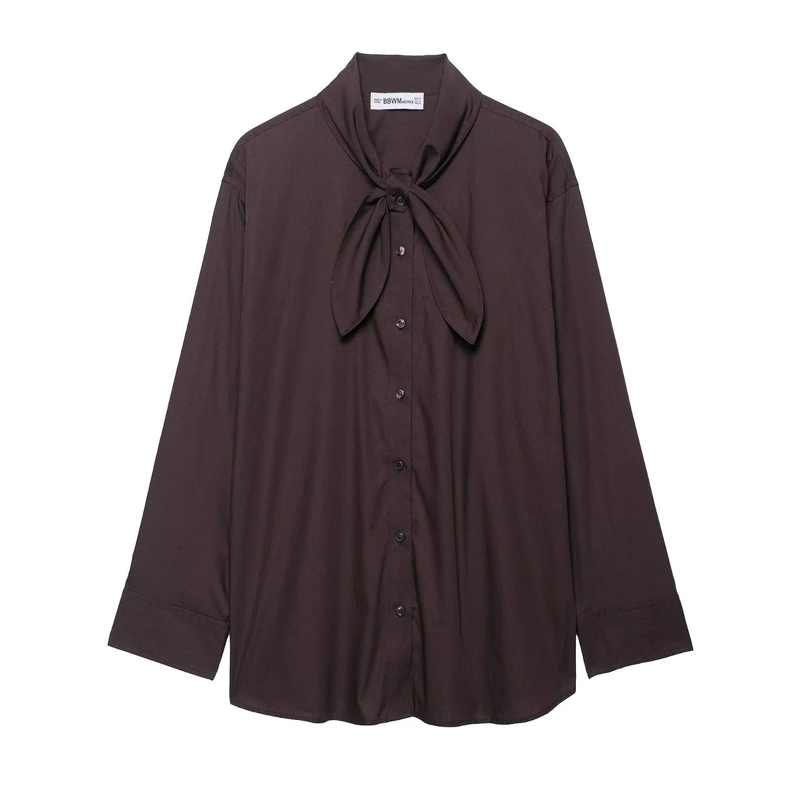 Brown women's poplin shirt with built-in bow tie scarf in loose cardigan style
