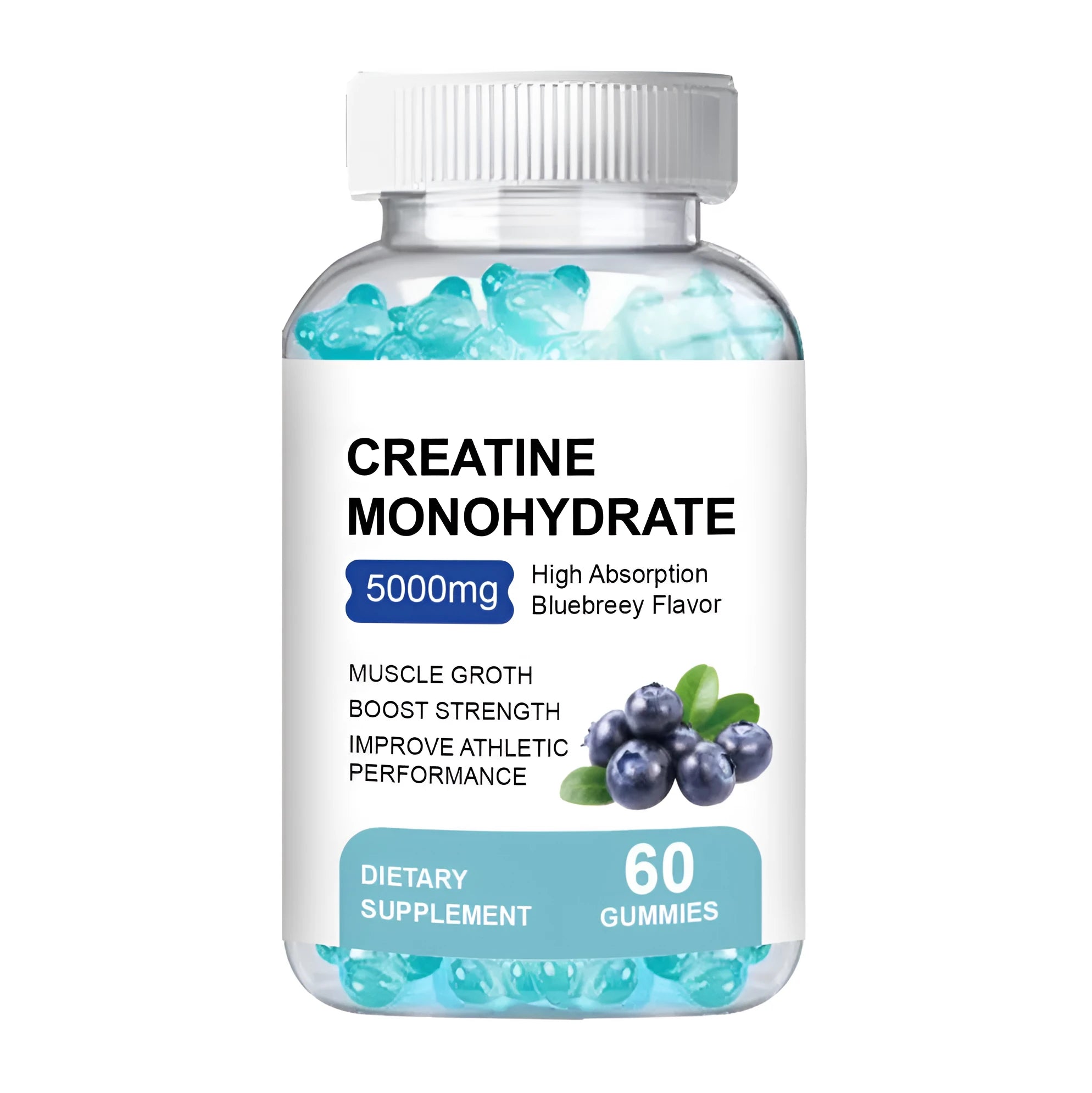 Pack of 60 creatine monohydrate supplement gummies in a sealed container