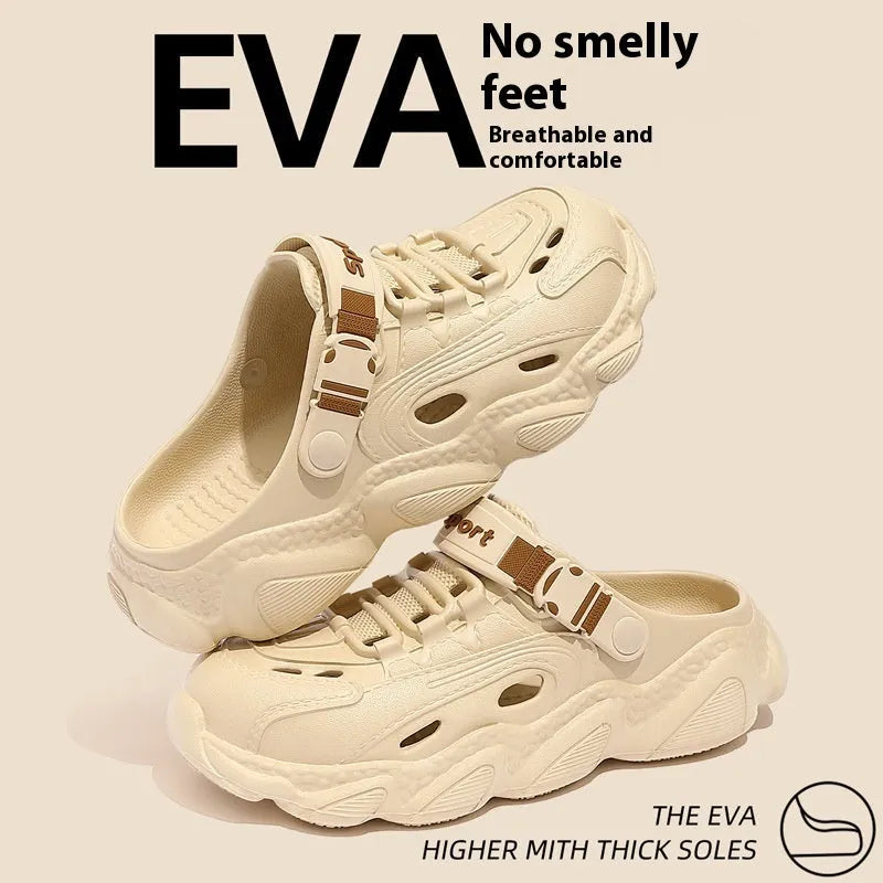 Men's khaki outdoor slippers showing hollow-out breathable design with textured non-slip EVA sole