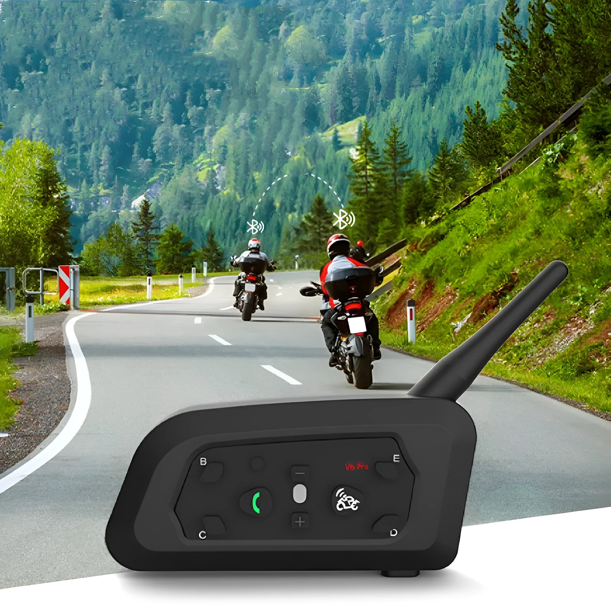 V6 Pro motorcycle Bluetooth intercom unit with mounting clip and charging cable on a motorcycle handlebar.