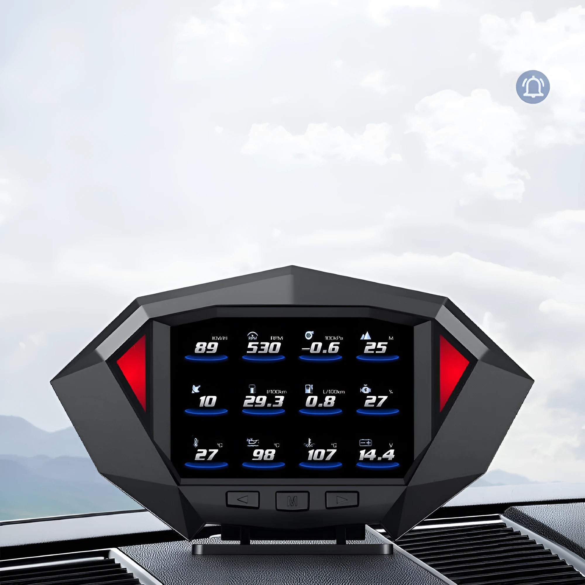 Black car HUD display unit with LCD screen, OBD cable, and anti-slip pad on dashboard