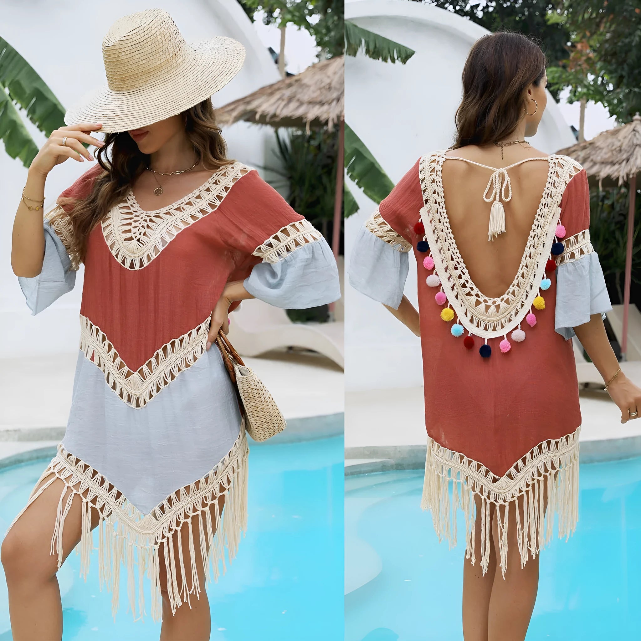 Orange floral pattern beach overskirt with hand crochet stitching and decorative tassels