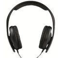 Black head mounted headphones with over-ear cups, a built-in microphone, and a 3.5mm plug.