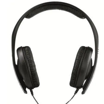 Black head mounted headphones with over-ear cups, a built-in microphone, and a 3.5mm plug.