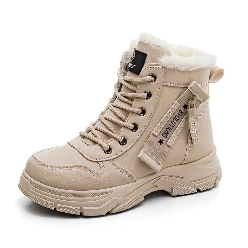 Women's plus size fleece-lined tall snow boots with mid heel and round toe in three colour options