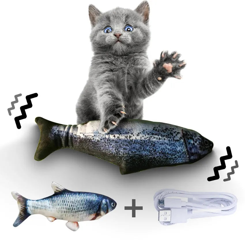 A multicolour electronic jumping fish cat toy measuring 30cm long with a USB charging cable.