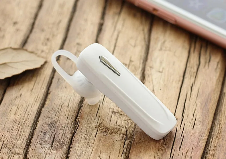 M165 wireless Bluetooth headset in black with hang-on ear design showing battery display