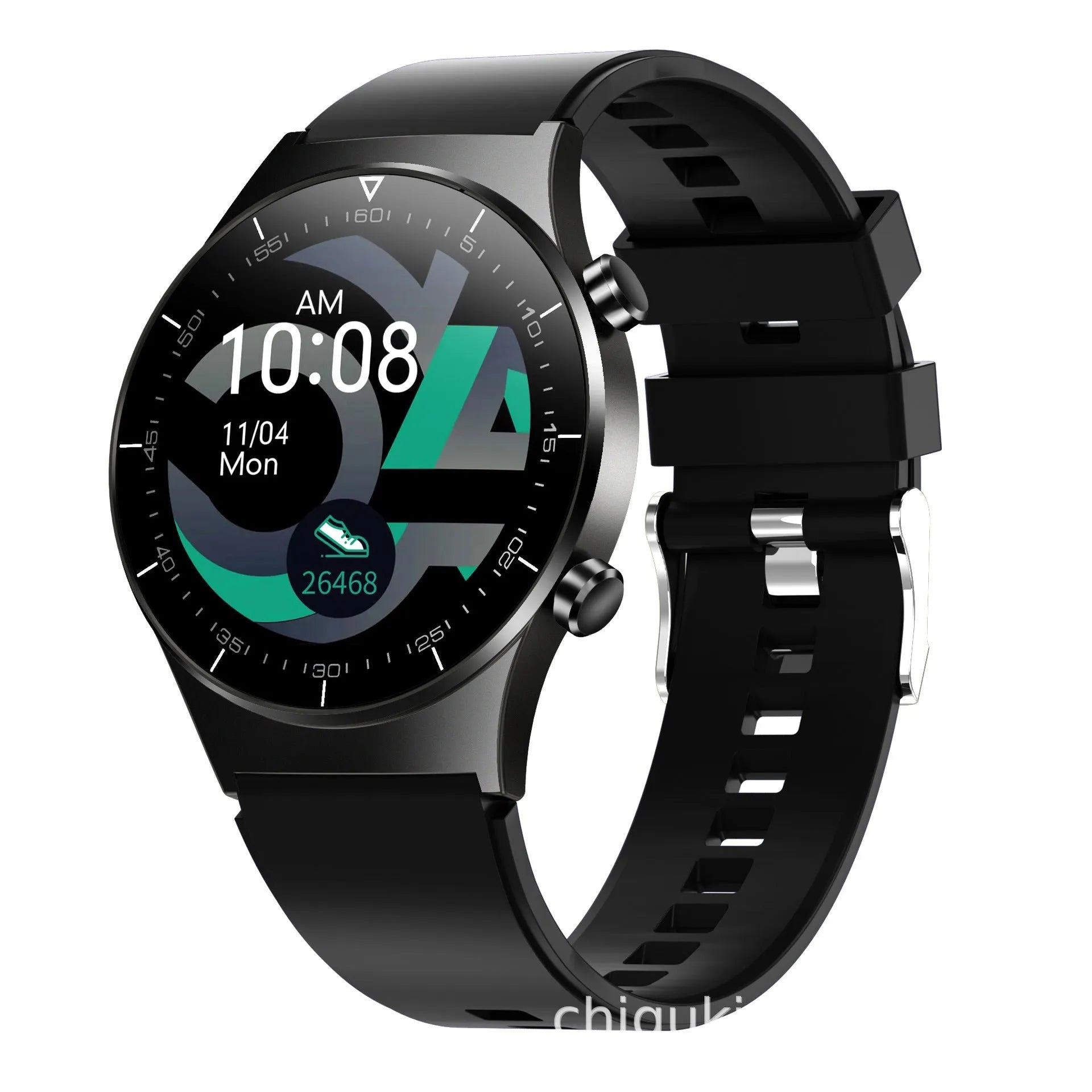 Black smart watch with TPU strap showing a 1.28-inch touchscreen display on a wrist.