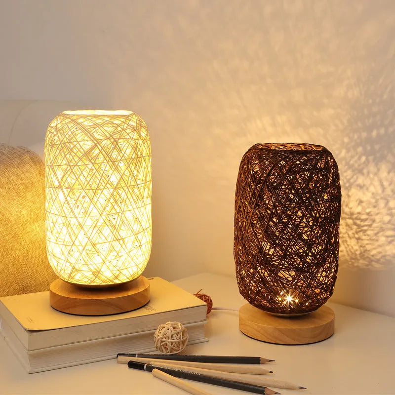 Brown hemp rope desk lamp with solid wood base and USB-powered LED light