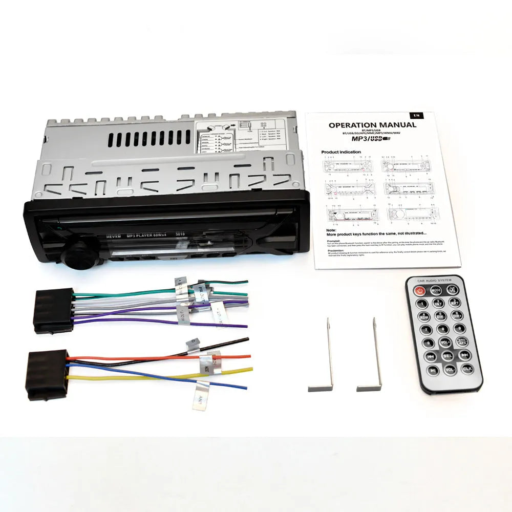 Car radio MP3 player with Bluetooth, USB/TF slots, LCD display, and front panel controls