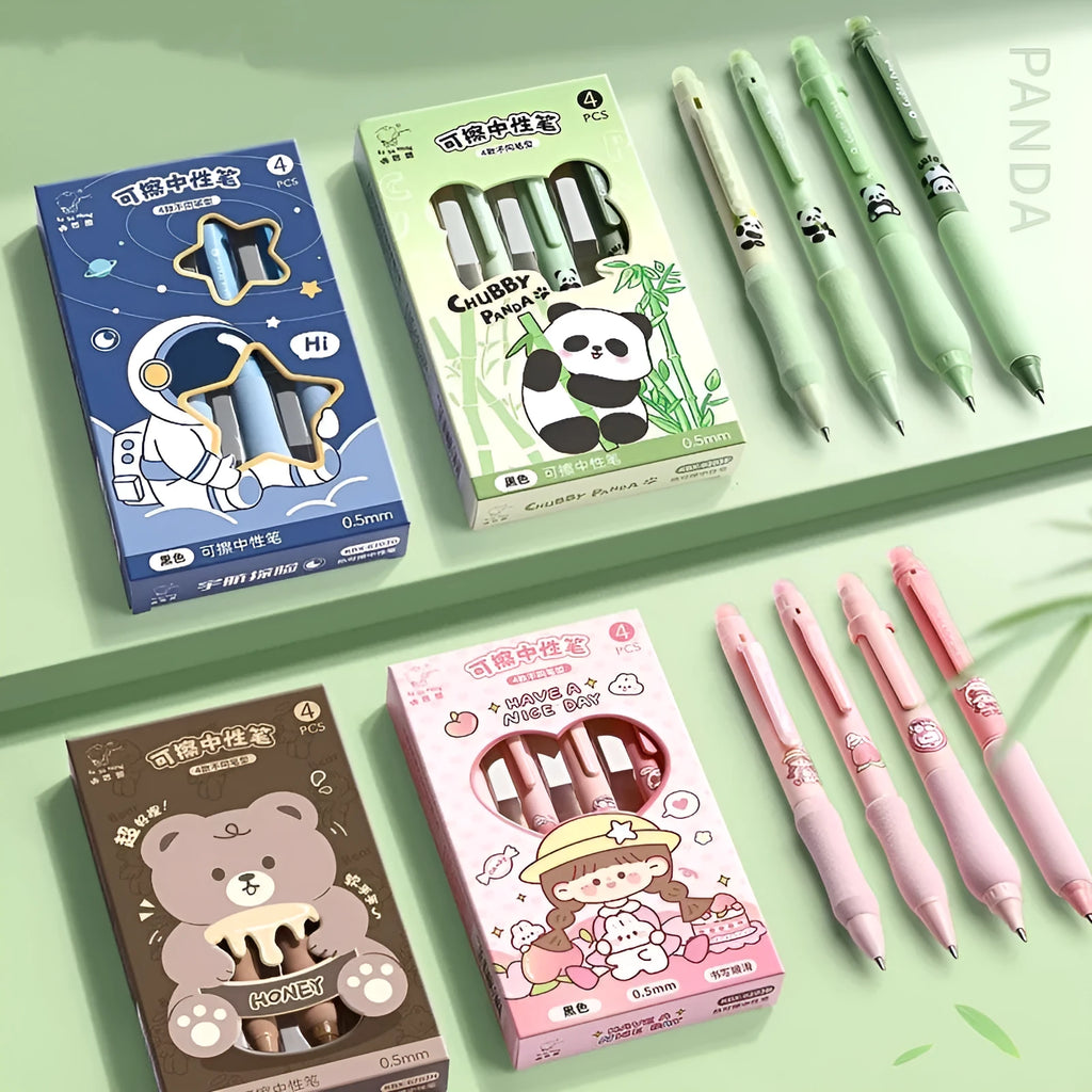 Erasable 0.5mm gel pen with cartoon designs in black and crystal blue colour options