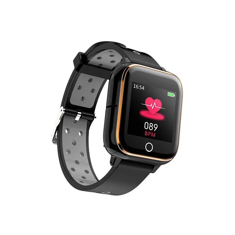 Black smartwatch with built-in Bluetooth earbuds showing heart rate monitoring on 1.4-inch screen