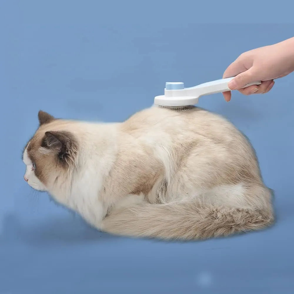 Blue self-cleaning cat grooming brush with rubber-tipped needles and a non-slip handle.