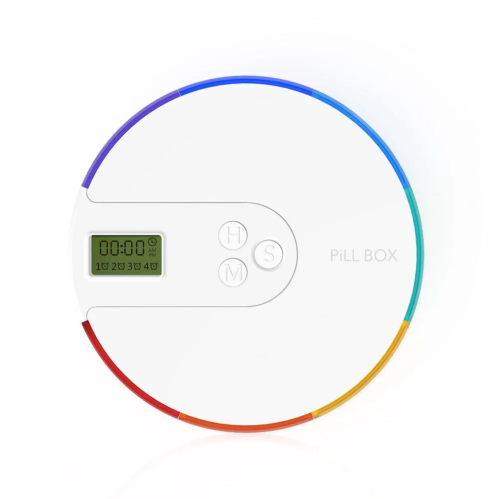 Seven-compartment alarm clock pill dispenser with display, slim 2 cm profile, shown in blue colour option