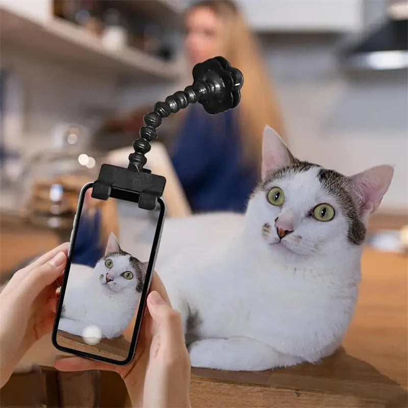 Black pet photography clip with rotating treat holder attached to mobile phone