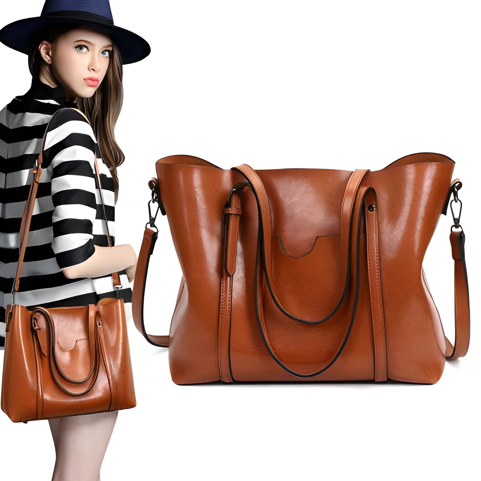 Brown retro messenger bag for women showing front view with strap, 31cm in length.