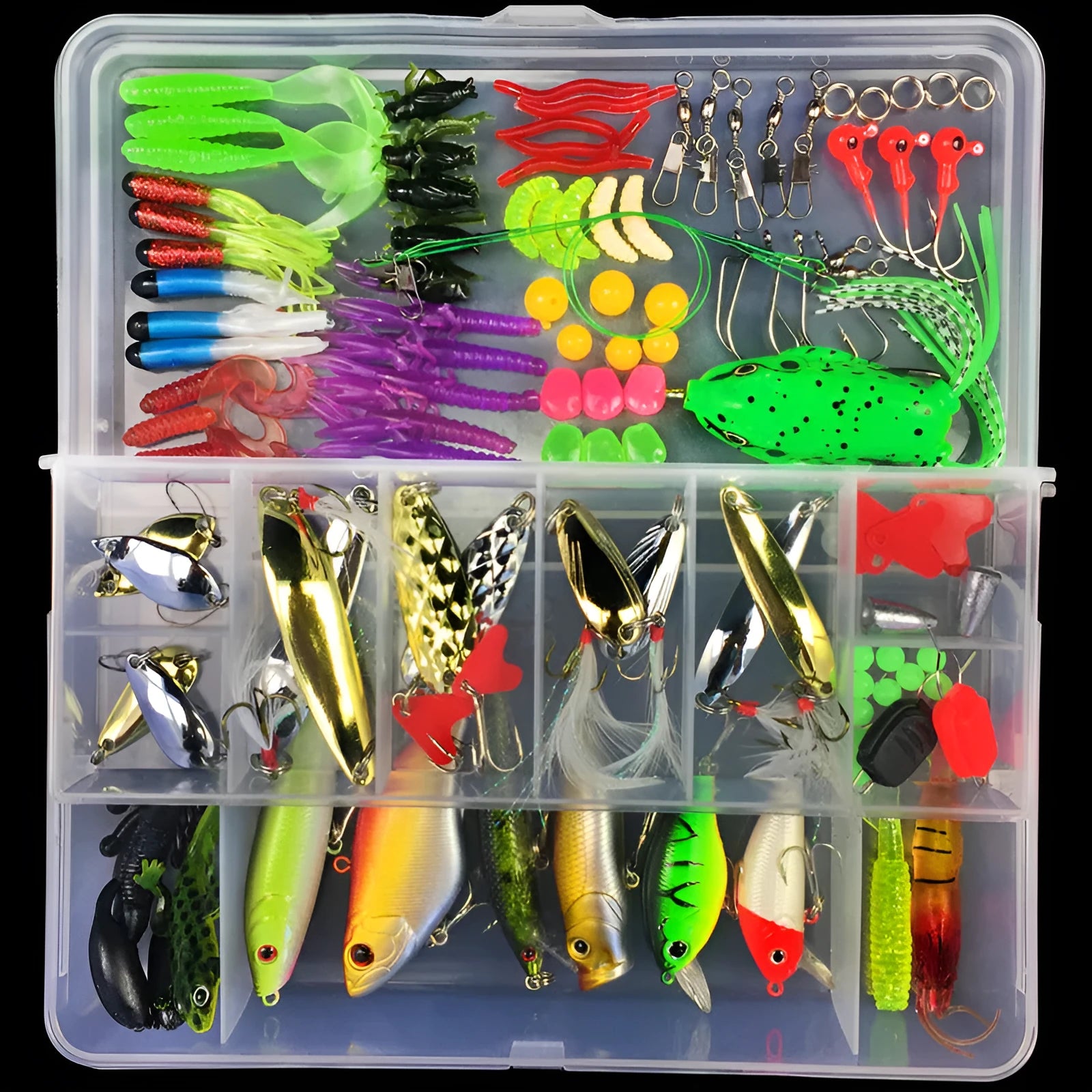 Junior fishing lure set in polypropylene box with multiple size options for freshwater angling