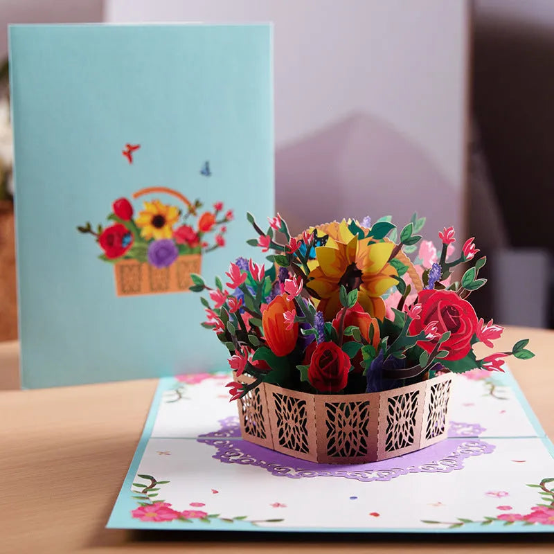 3D pop-up Mother's Day card with floral rose cutout and flower bouquet inside