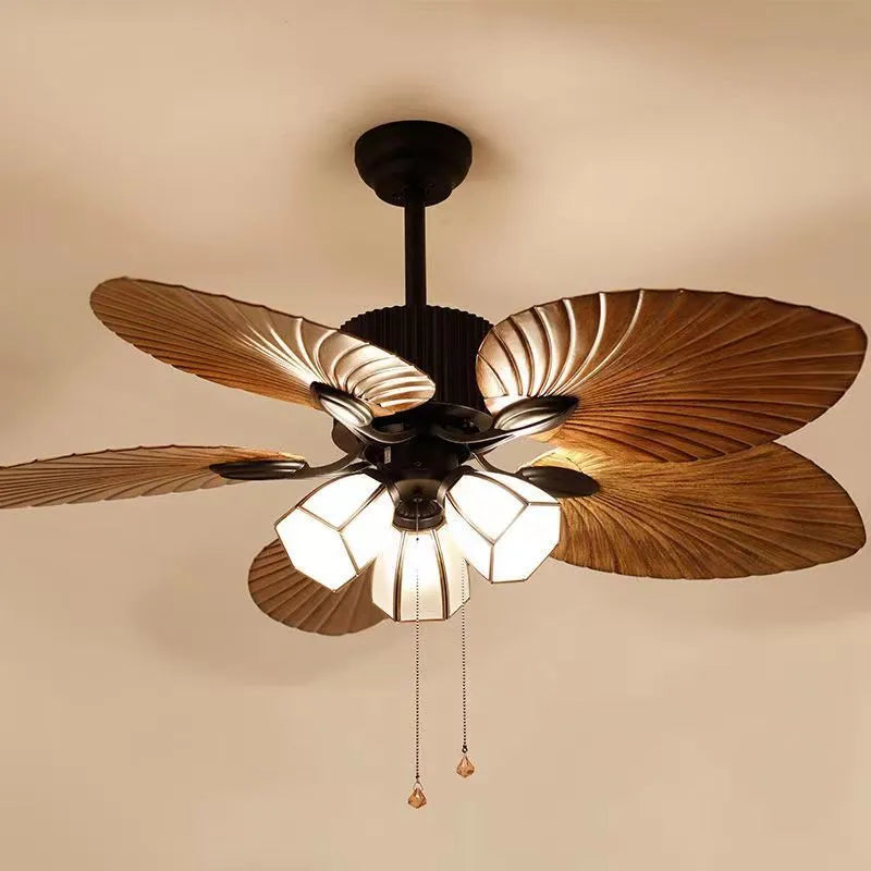 52-inch retro ceiling fan light with integrated lamps and wooden blades