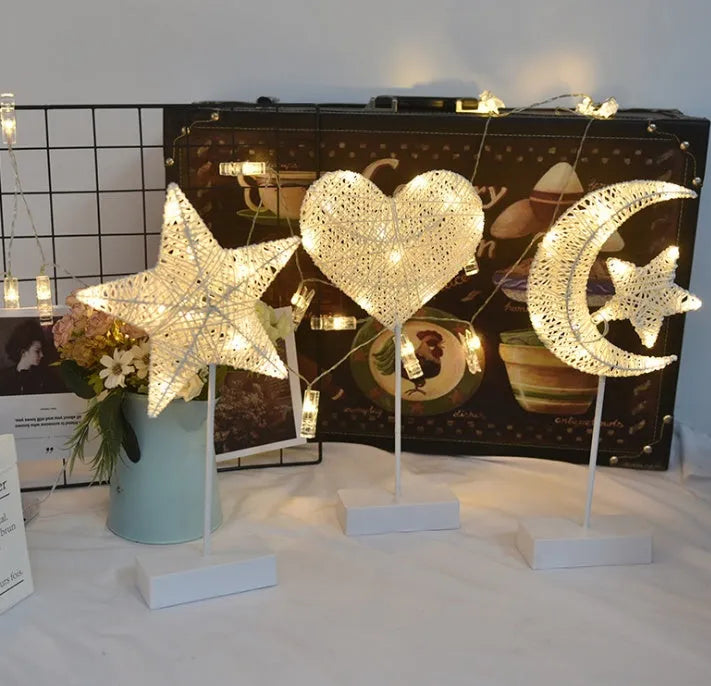 Rattan woven LED table lamp in star, heart, and moon shapes for bedroom decoration
