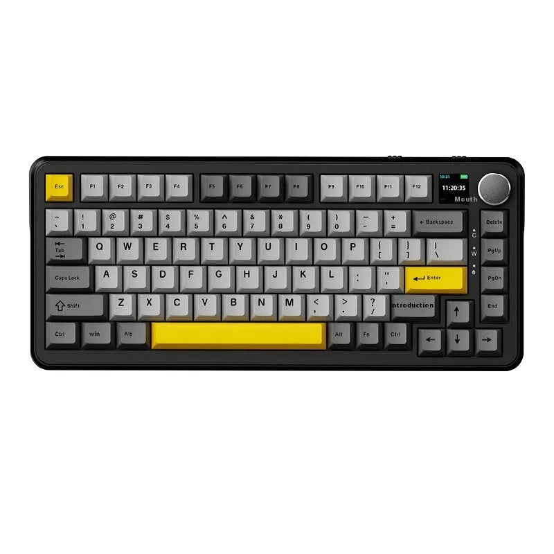 Black, grey and yellow wireless mechanical keyboard with compact 68-key layout and hot-swappable switches