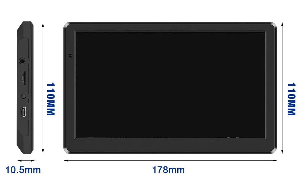 7 inch portable car GPS navigation device on a dashboard bracket showing a map on its HD touch screen.