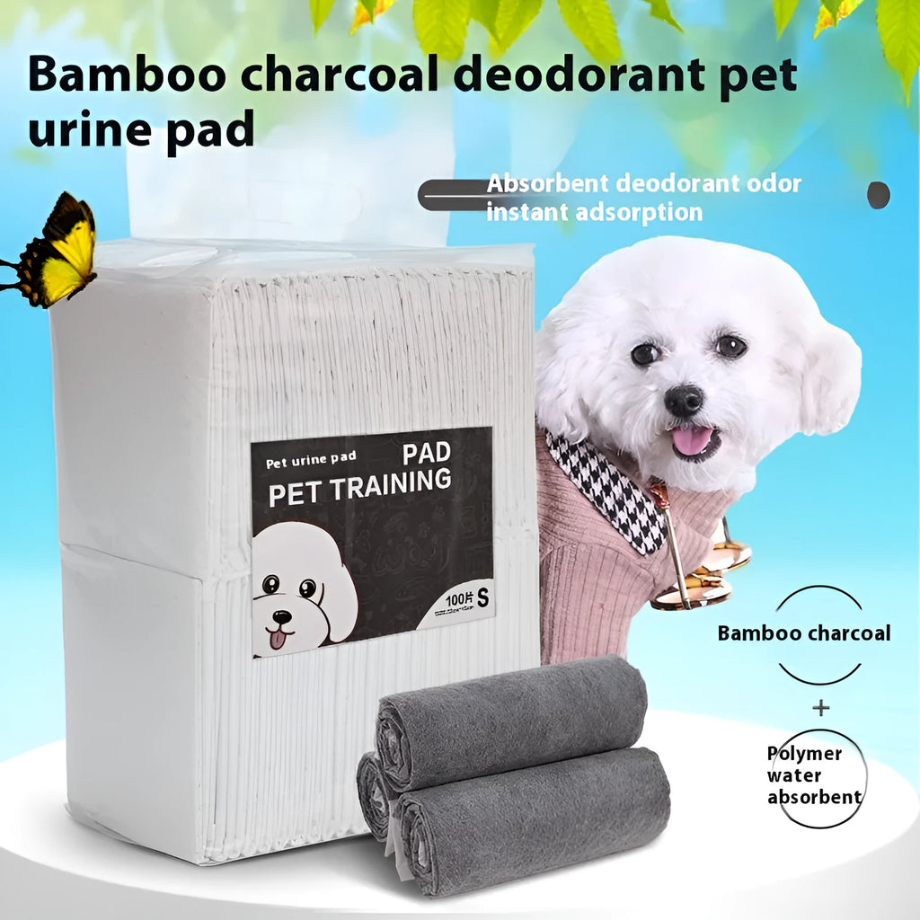 Pack of pet urinal pads showing different sizes and bamboo charcoal, economy, thickened model options.