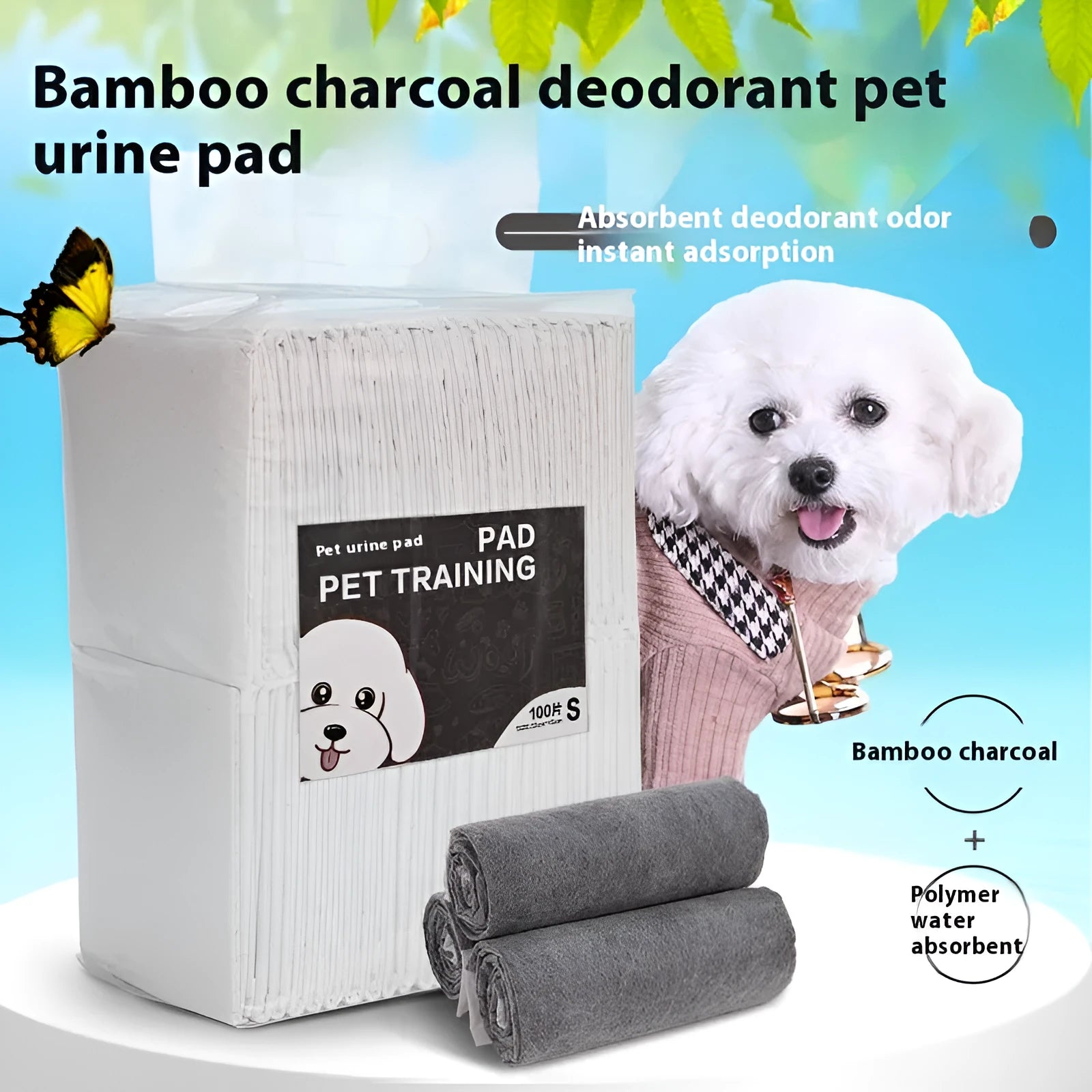 Pack of pet urinal pads showing different sizes and bamboo charcoal, economy, thickened model options.