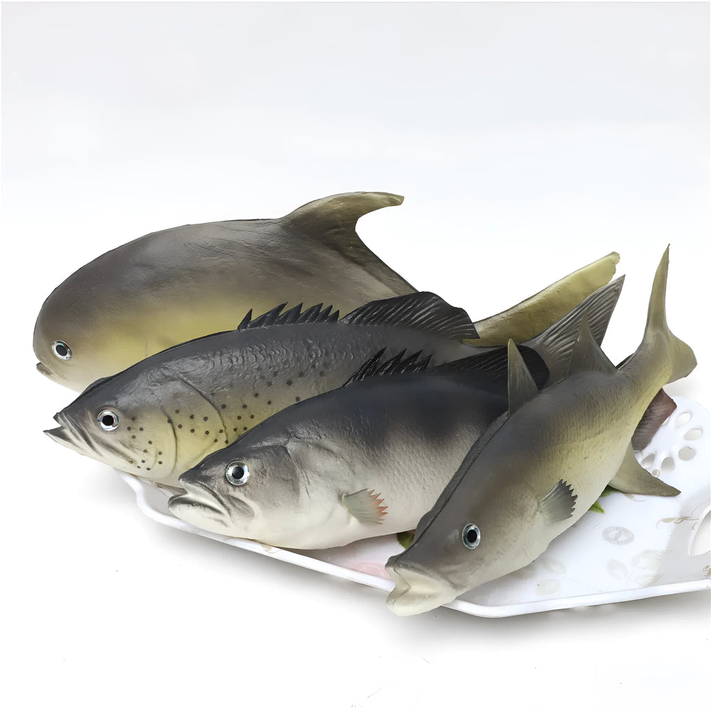 Three PU simulated fish model ornaments showing yellow-fin tuna, yellow croaker, and flower fish designs