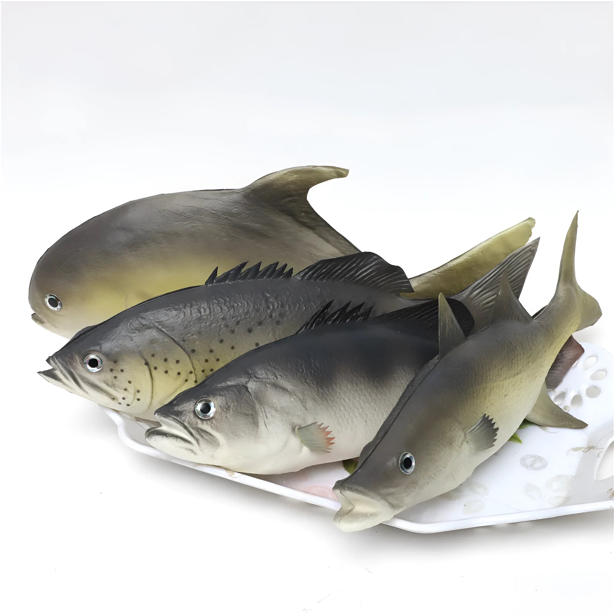 Three PU simulated fish model ornaments showing yellow-fin tuna, yellow croaker, and flower fish designs