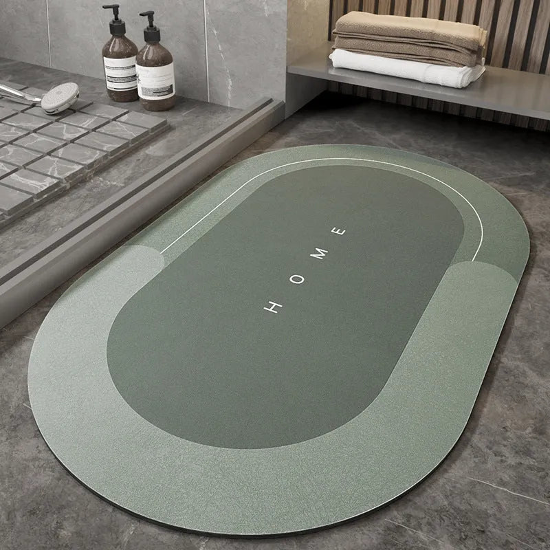 Blended material floor mat in blue colour with oval shape on bathroom floor