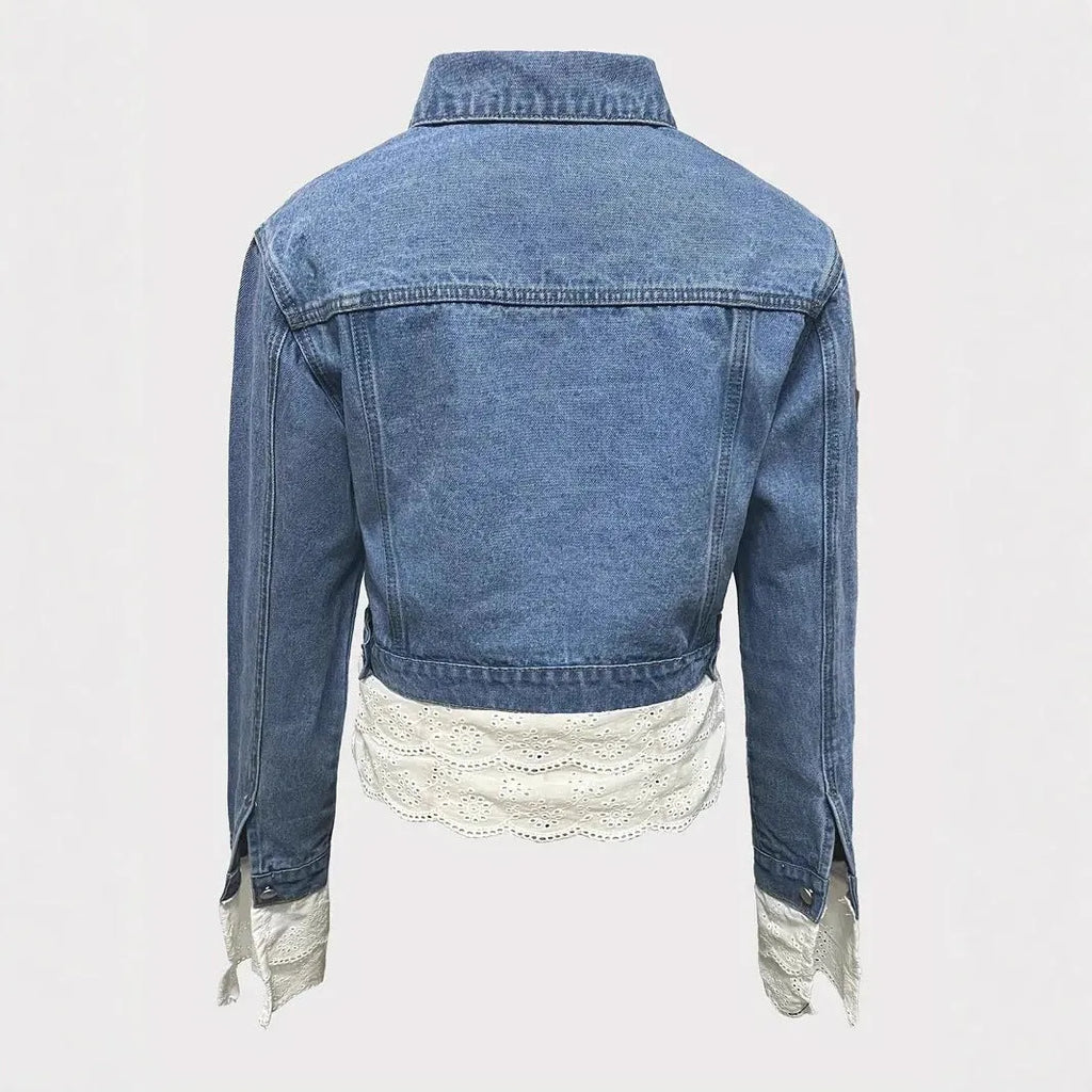 Blue denim jacket with lace stitching decoration, long sleeves, adult lady style