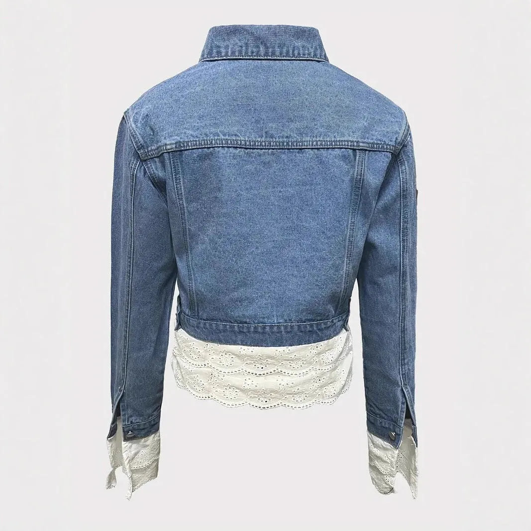 Blue denim jacket with lace stitching decoration, long sleeves, adult lady style