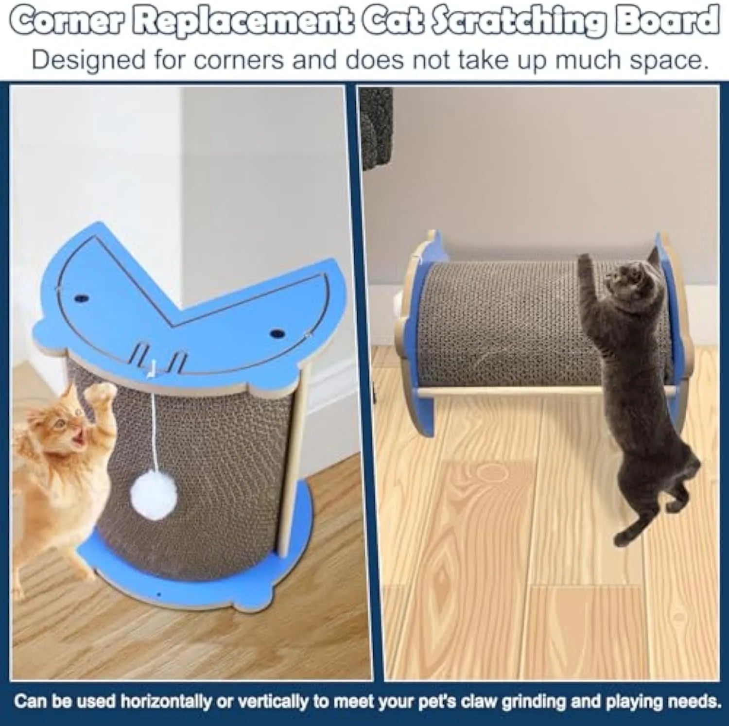 Cat corner scratching pad with hanging ball installed in room corner